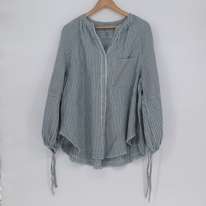 Aerie Daybreak Cover Up Shirt Women XS Blue White Striped Frayed Hem Puff Sleeve