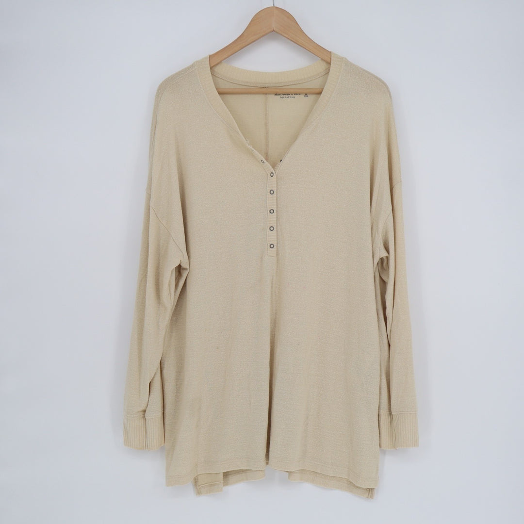 Abercrombie & Fitch Cozy Henley Shirt Womens XL Light Beige Stretch Long Sleeve