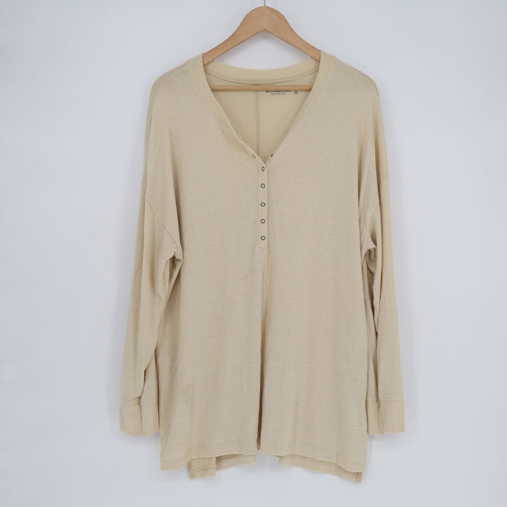 Abercrombie & Fitch Cozy Henley Shirt Womens XL Light Beige Stretch Long Sleeve