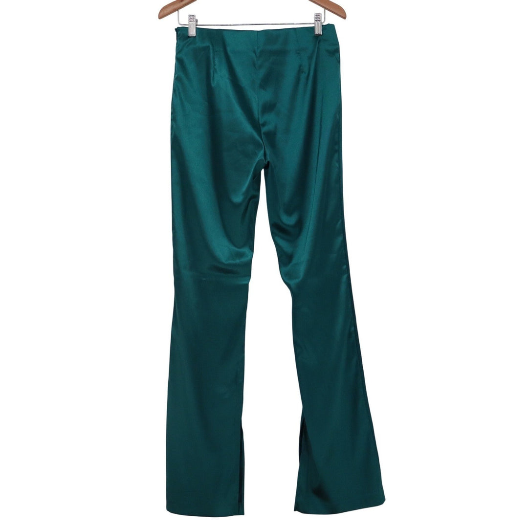 Mustard Seed High Rise Satin Pant Teal Green Straight Leg Side Slit L NEW