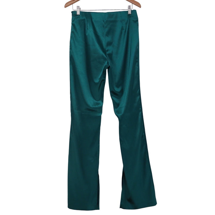 Mustard Seed High Rise Satin Pant Teal Green Straight Leg Side Slit L NEW