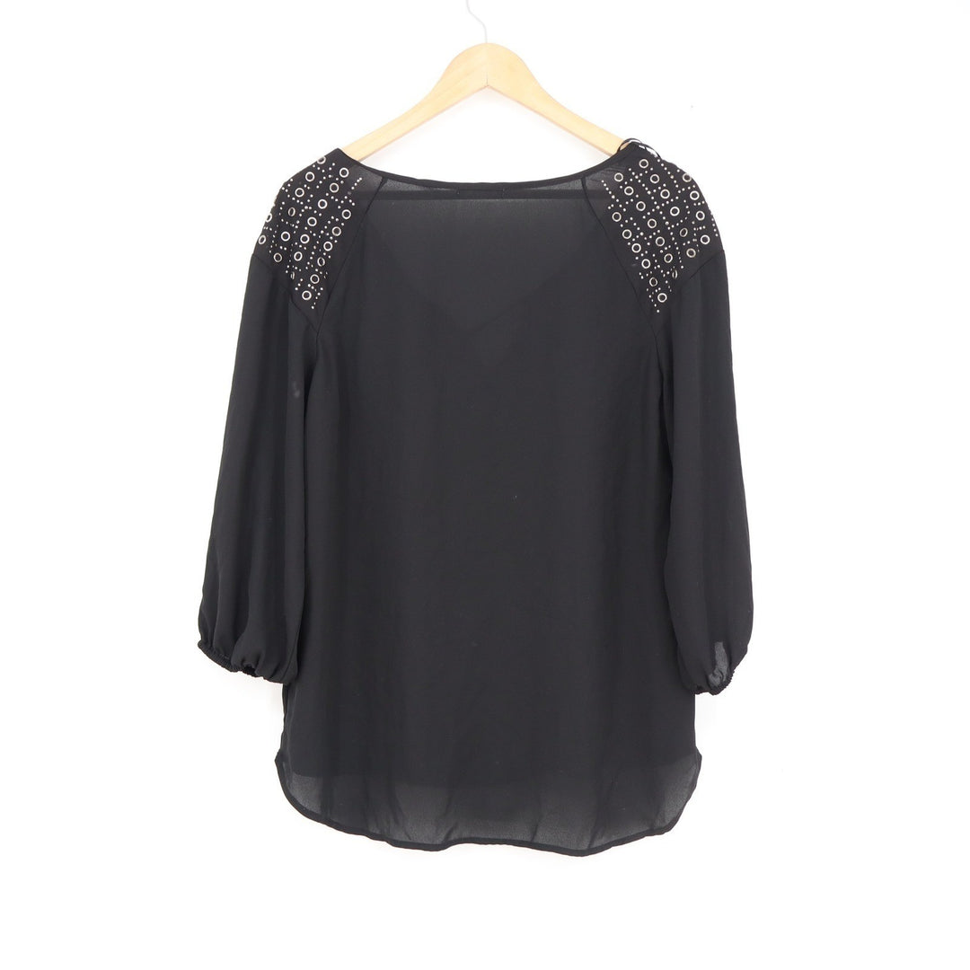 Pleione Black Studded Shoulder Tie Neck Chiffon Blouse M