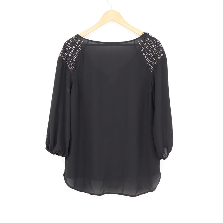 Pleione Black Studded Shoulder Tie Neck Chiffon Blouse M