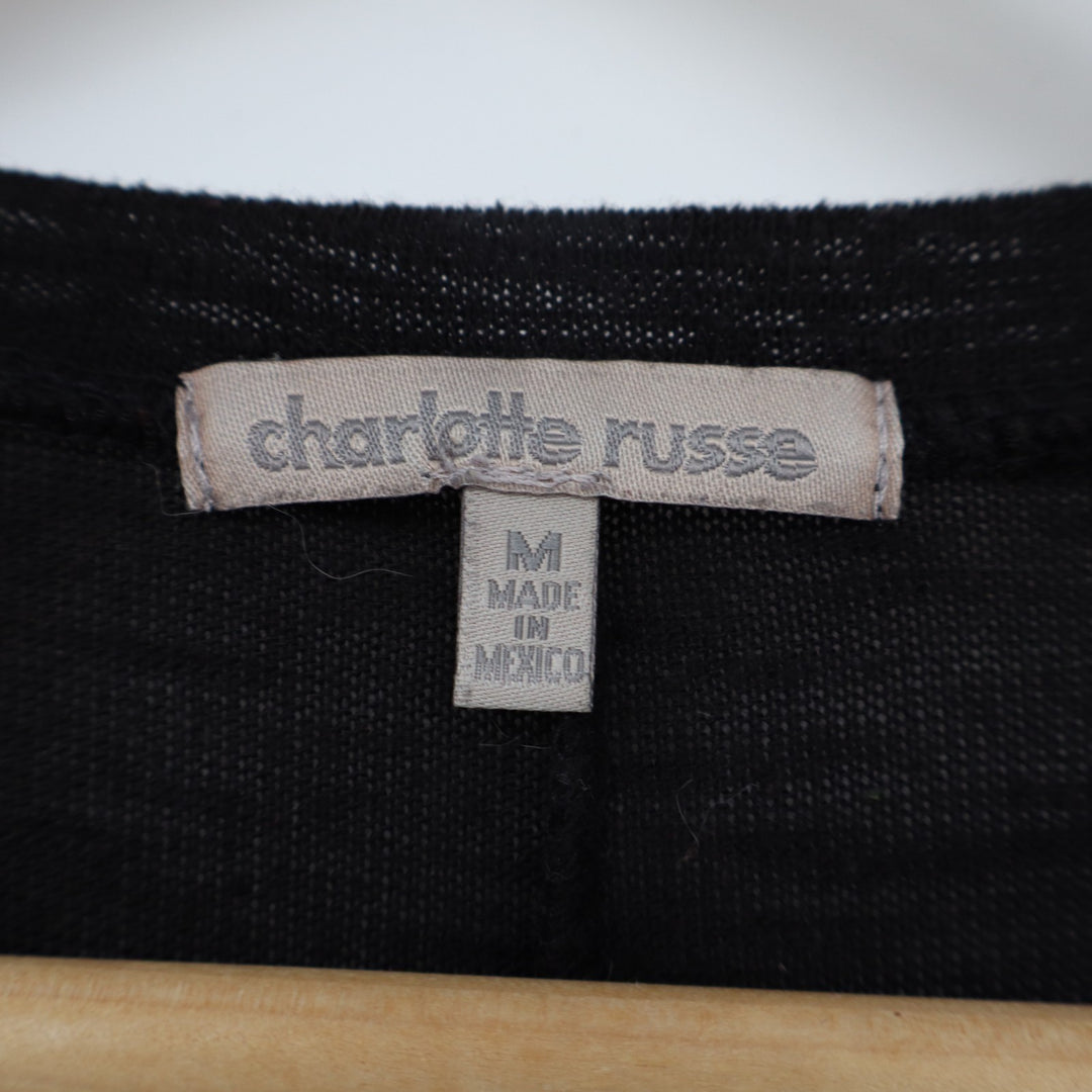 Charlotte Russe T-Shirt Womens Medium Black V-Neck Short Sleeve High Low Hem