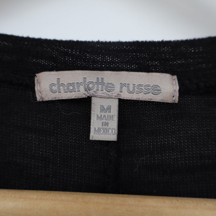 Charlotte Russe T-Shirt Womens Medium Black V-Neck Short Sleeve High Low Hem