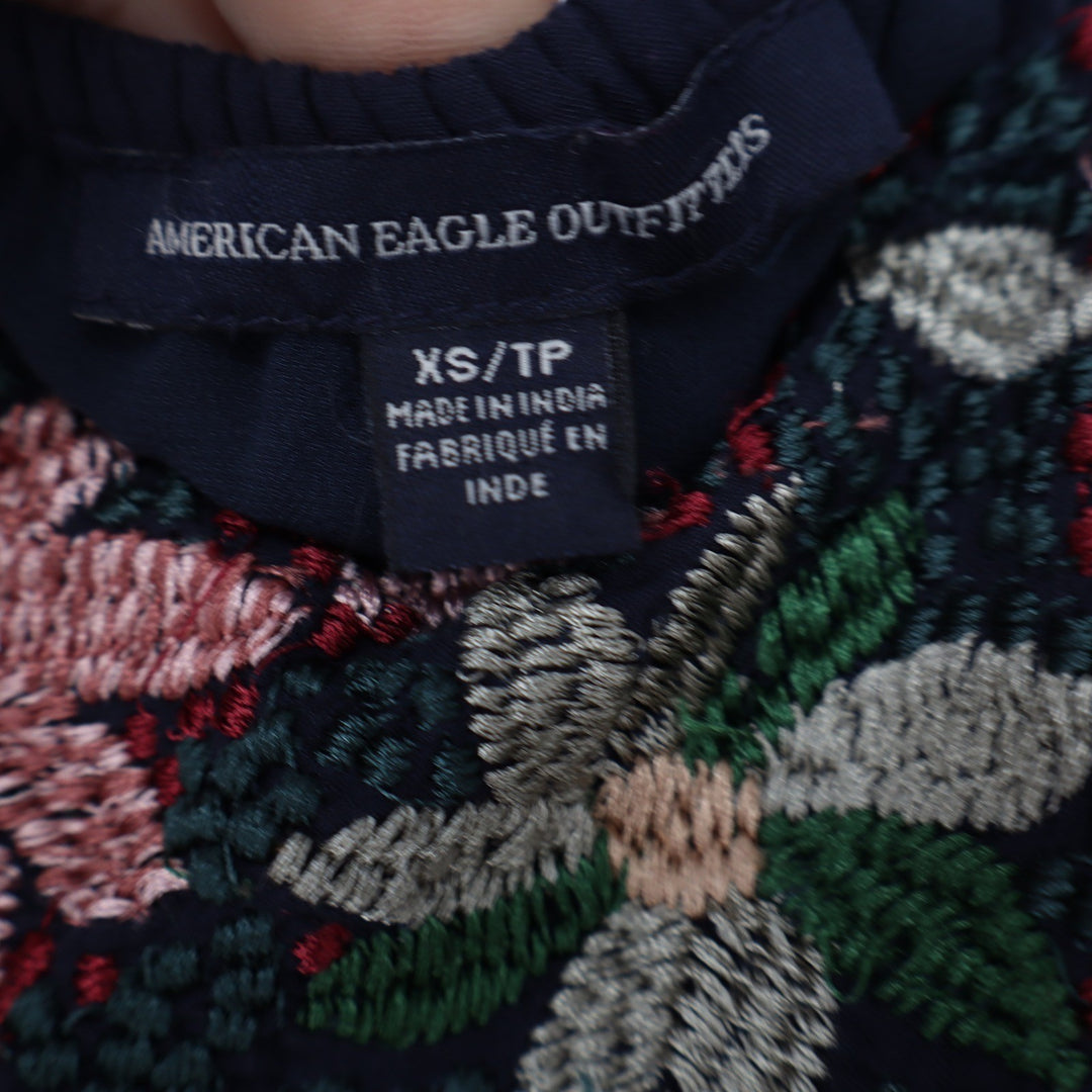 American Eagle Navy Blue Floral Embroidered Babydoll Cami Tank Top XS