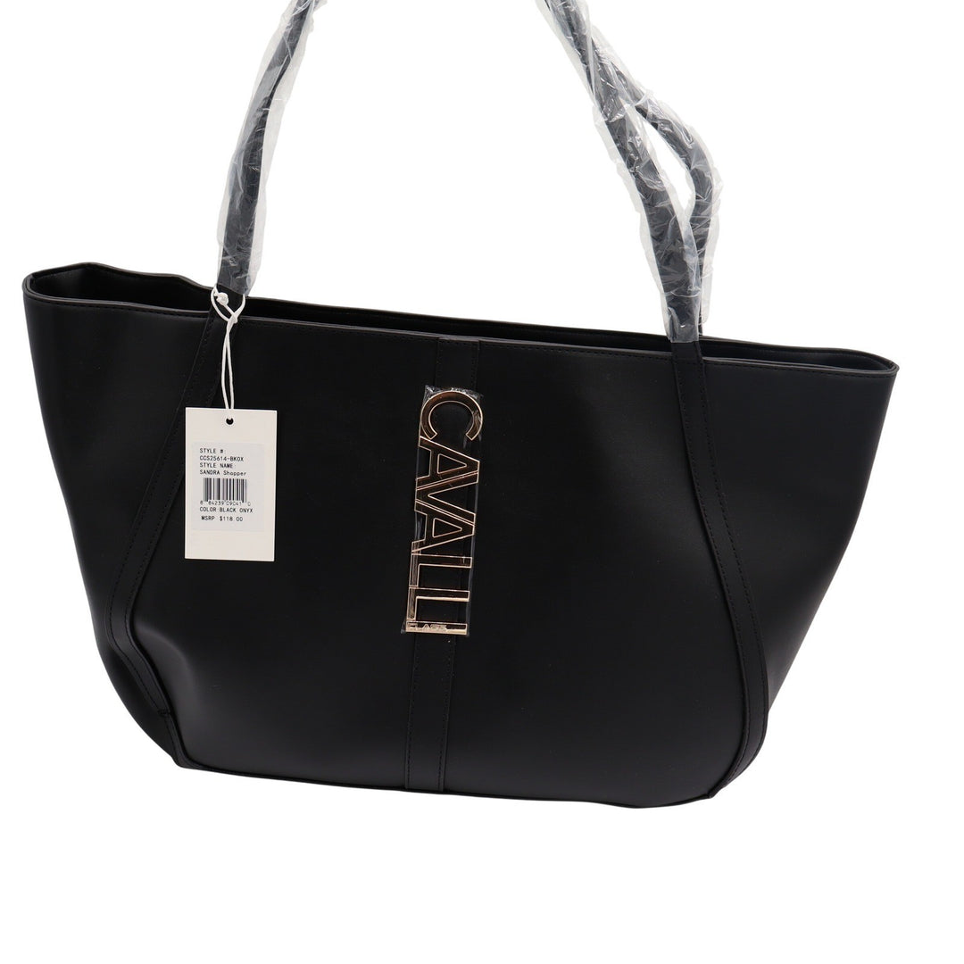 Cavalli Class Sandra Shopper Black Onyx Gold Logo Tote Bag