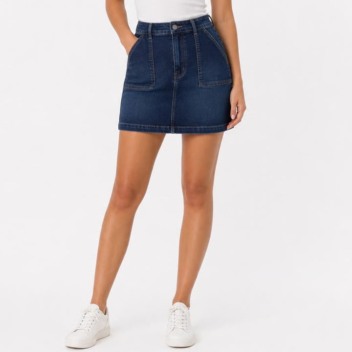 Talbots Dark Wash Denim Mini Skirt Side Zip Stretch Size 12