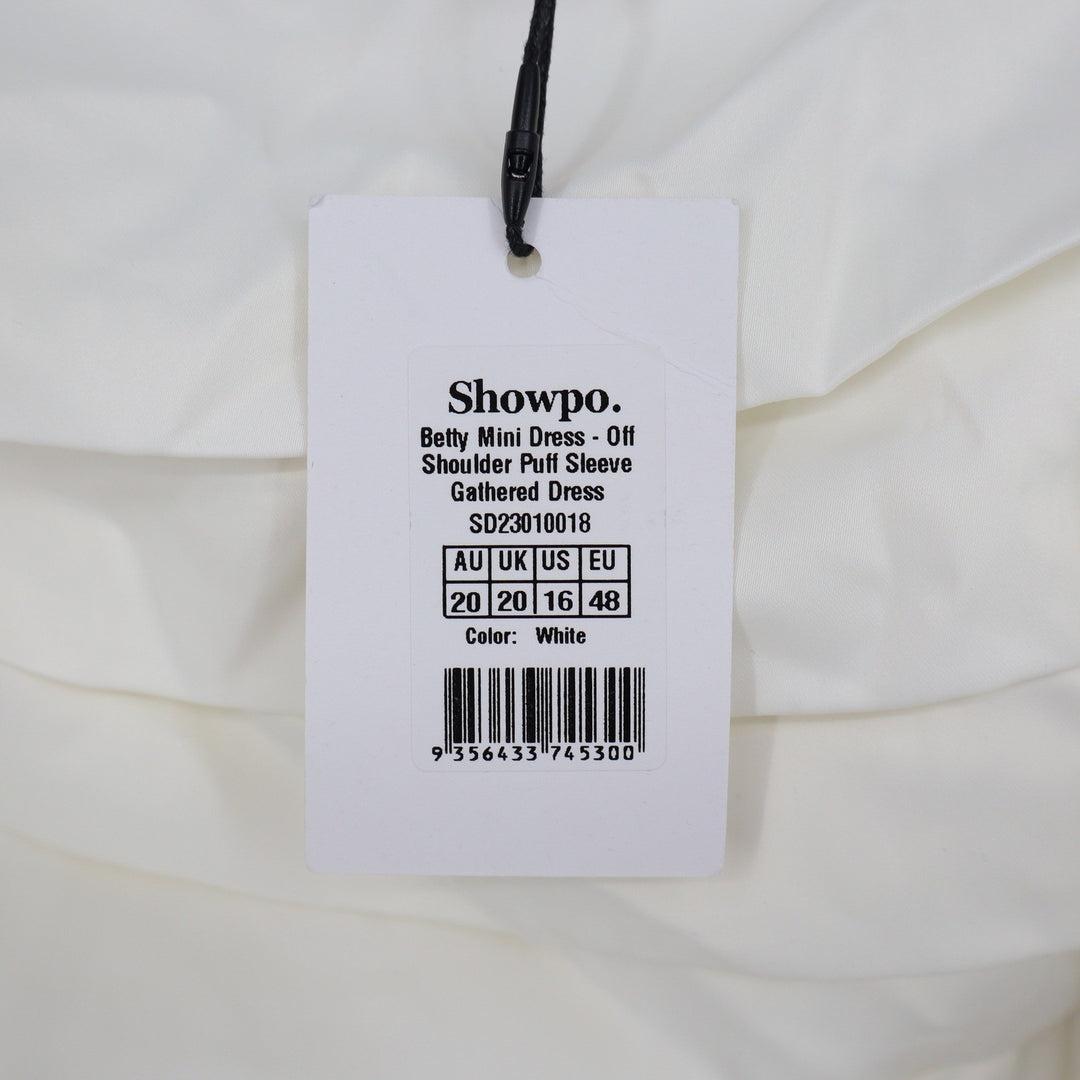 Showpo Betty Mini Dress Off Shoulder Puff Sleeve Gathered White Size 16