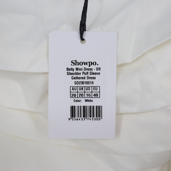 Showpo Betty Mini Dress Off Shoulder Puff Sleeve Gathered White Size 16