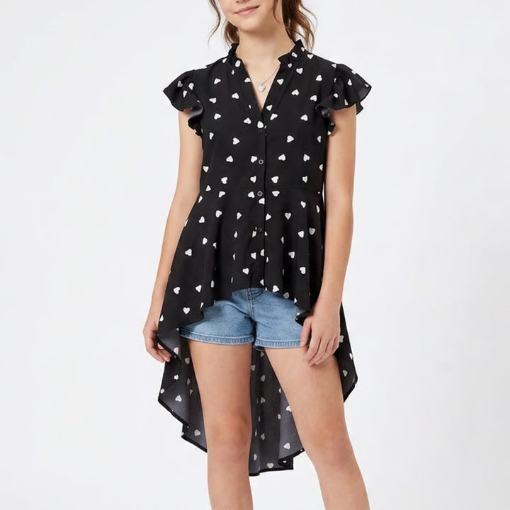 SHEIN Teen Black Heart Print High Low Button Front Ruffle Flutter Sleeve Top 16Y
