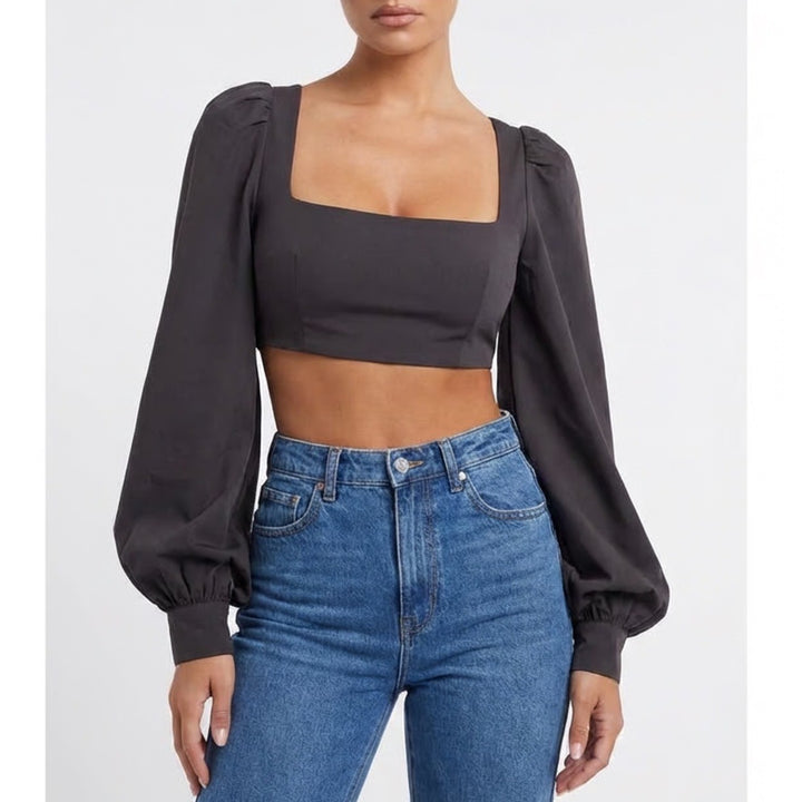 Naked Wardrobe The Statement Black Lantern Sleeve Crop Top M