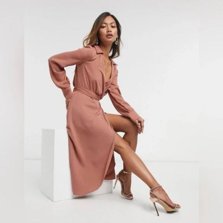 Asos Design Collared Wrap Midi Dress With Tie Belt Size 2