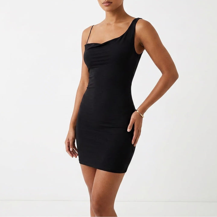 Naked Wardrobe Black One Shoulder Ribbed Mini Dress Small