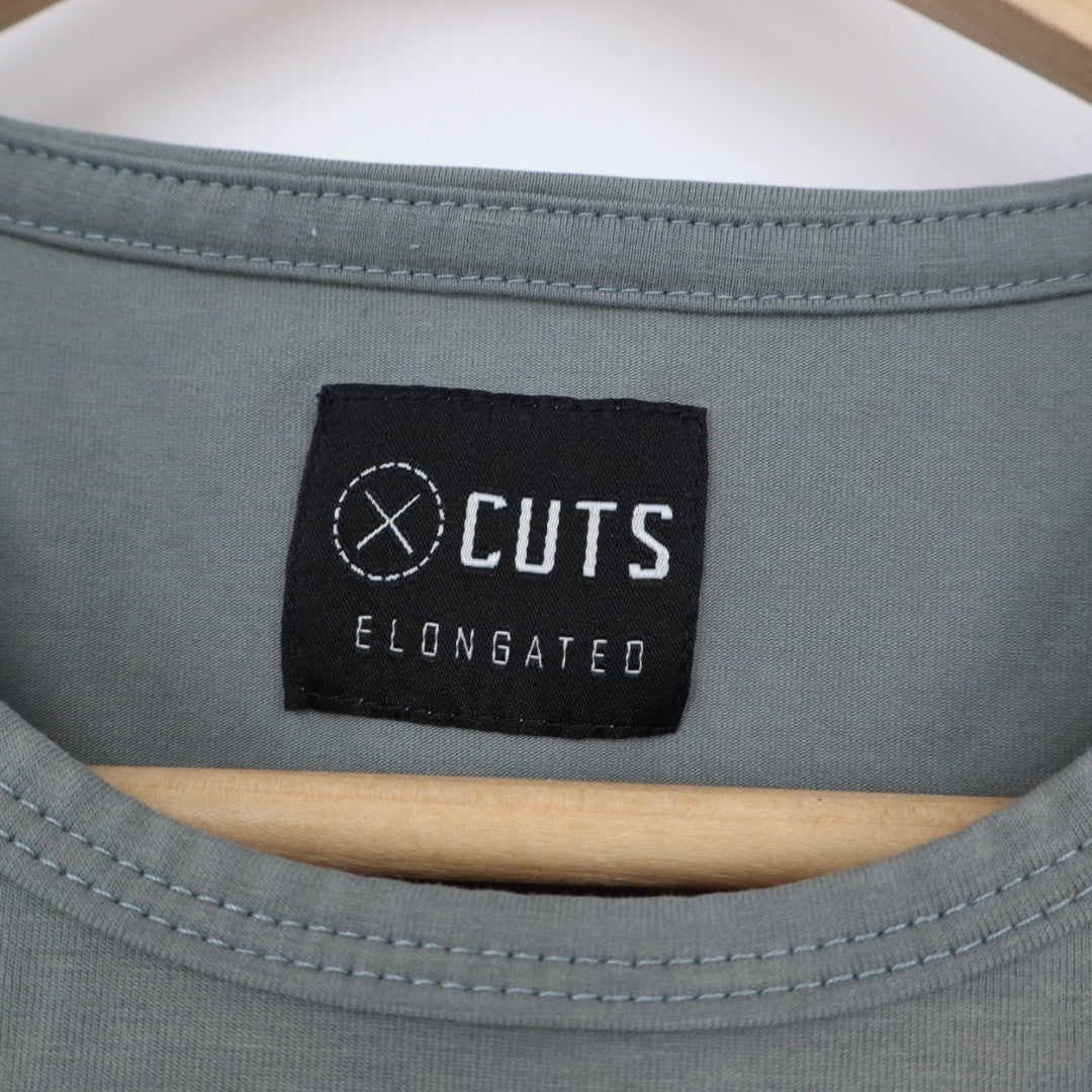 Cuts Elongated T-Shirt Men Gray Short Sleeve Outdoor Wear Front Pocket Crew Neck