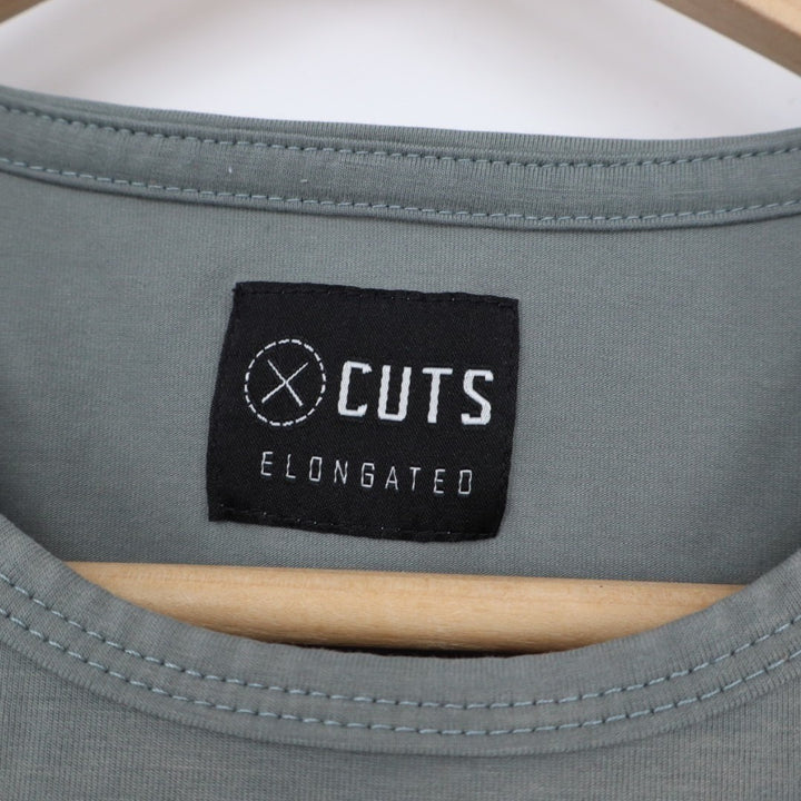 Cuts Elongated T-Shirt Men Gray Short Sleeve Outdoor Wear Front Pocket Crew Neck