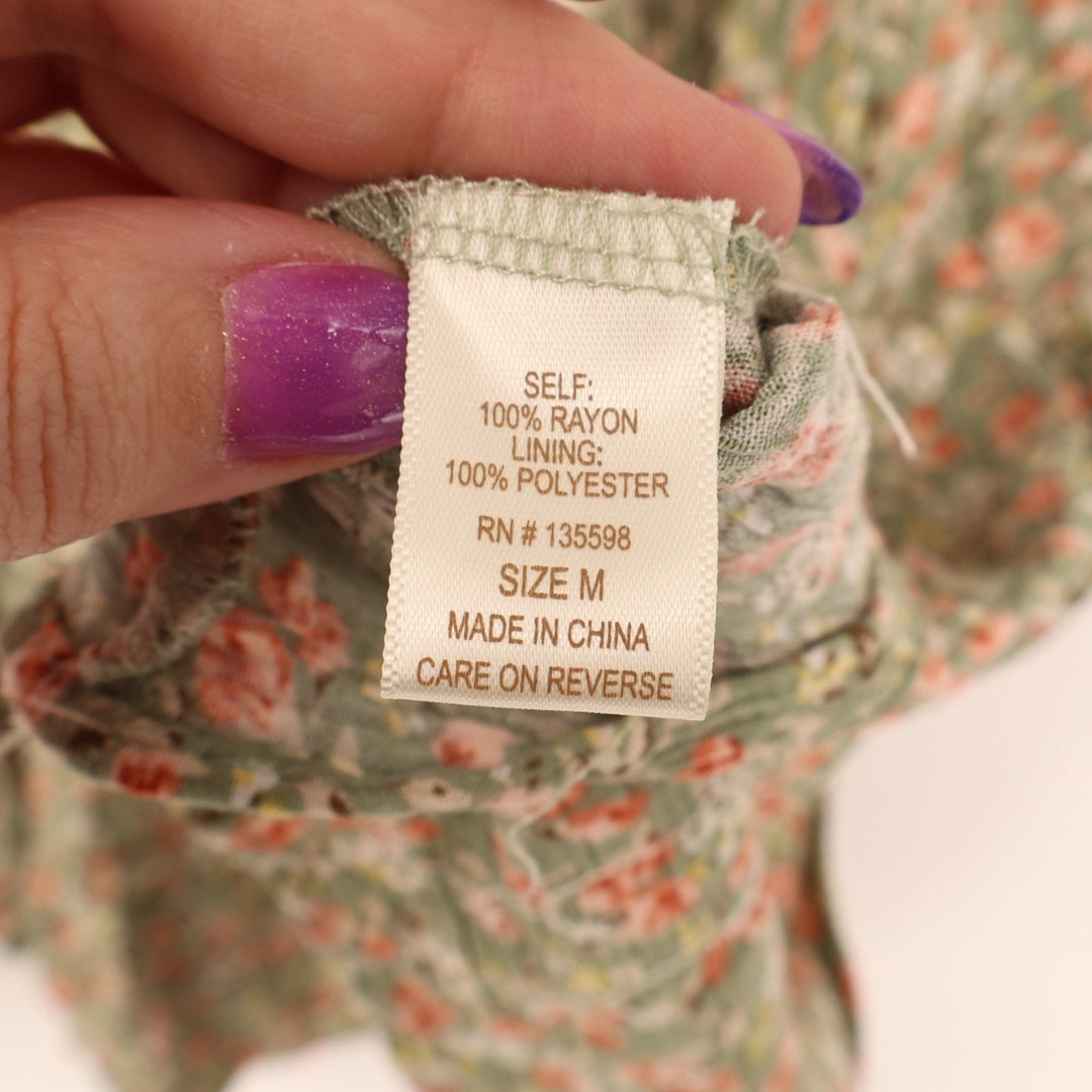 Liberty Love Mini Dress Womens Medium Green Floral Smocked Bodice Puff Sleeve