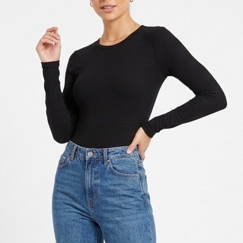 Pretty Little Thing Bodysuit Womens Black Cotton Round Neck Casual Long Sleeve