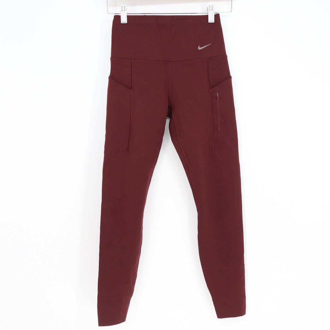 Nike Go Dri-FIT Womens High Rise Compression Leggings Burgundy Pockets Small SP
