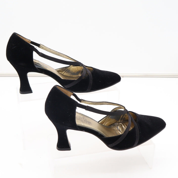The PM Collection 9-2-5 Black Velvet Strappy Pointed Toe Heels Womens 8M