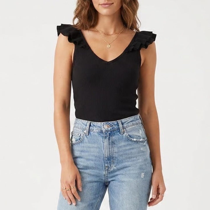 Old Navy Womens Black Ruffle Shoulder Ribbed V-Neck Tank Top Size S