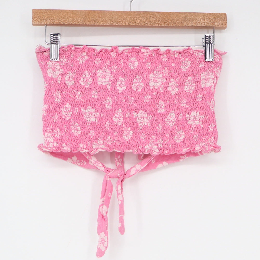 Full Tilt Pink Hibiscus Floral Smocked Tube Top Tie Back Size M BKB0027
