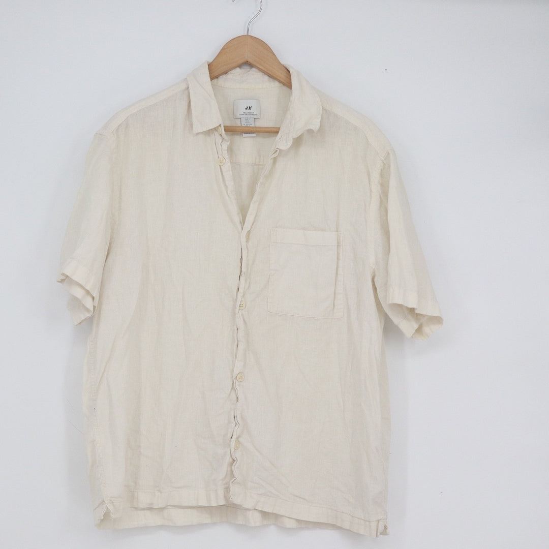 HM Mens Relaxed Fit Linen Cotton Blend Short Sleeve Button Up Shirt Cream Large