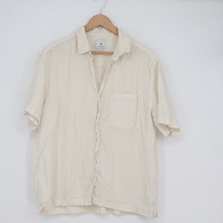 HM Mens Relaxed Fit Linen Cotton Blend Short Sleeve Button Up Shirt Cream Large
