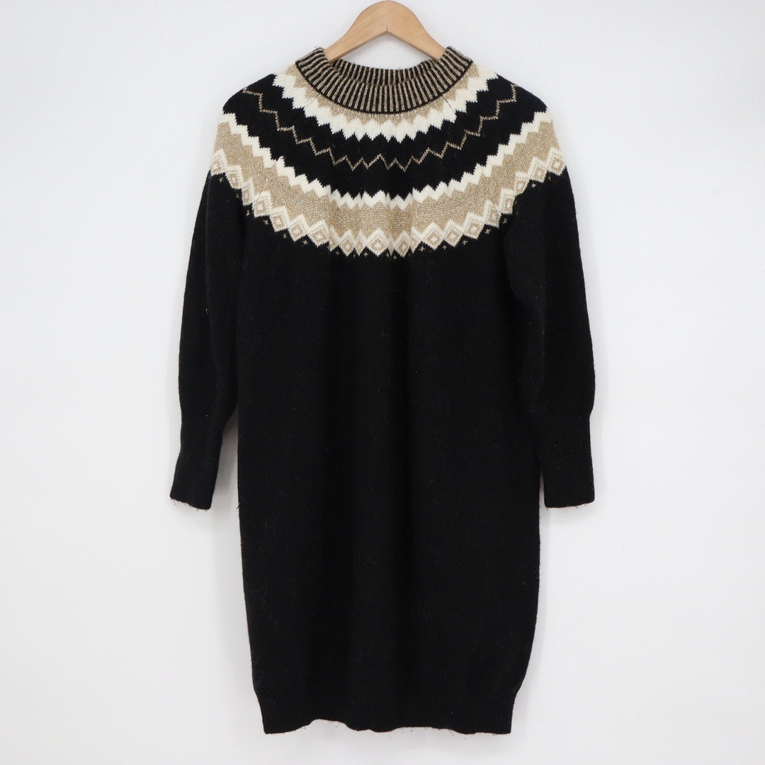 Ann Taylor Petite Black Gold Fair Isle Metallic Knit Sweater Dress MP