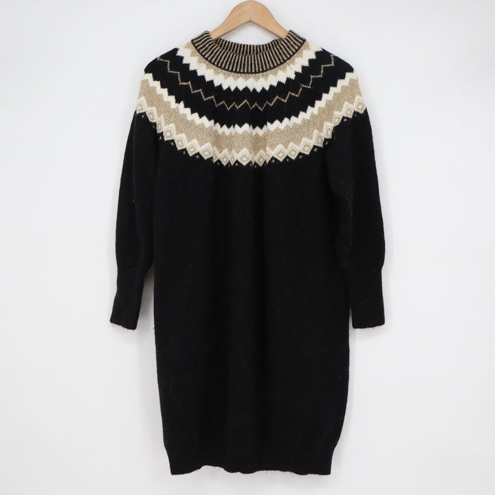 Ann Taylor Petite Black Gold Fair Isle Metallic Knit Sweater Dress MP