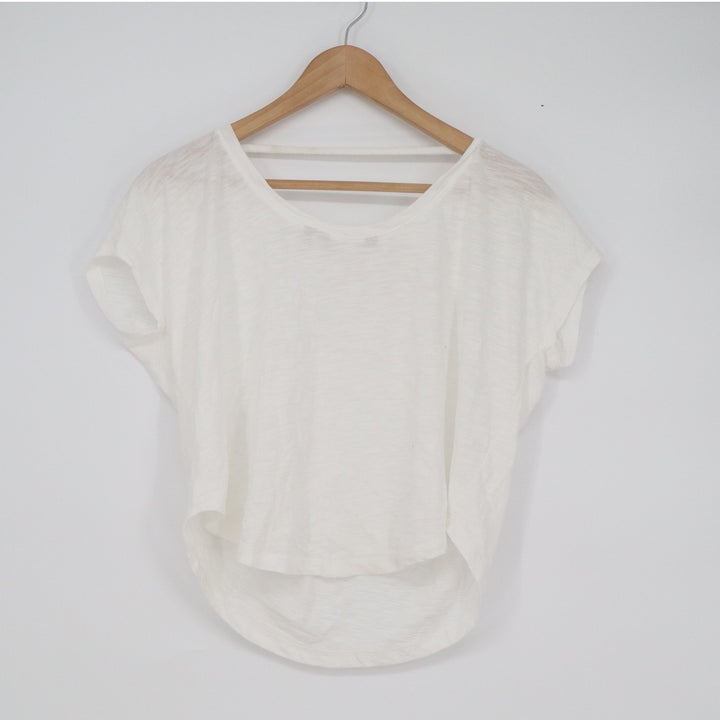 Athleta Womens XS White Slub Knit Strappy Back Short Sleeve Scoop Neck Top