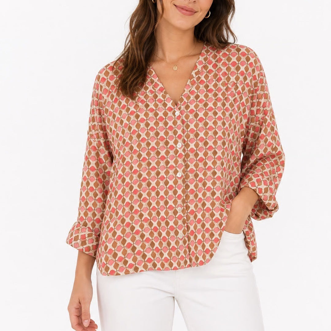 J.McLaughlin Pink Geometric Diamond Print Button Front V-Neck Blouse Small