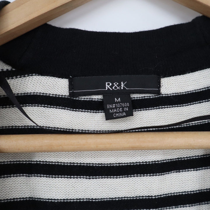R&K Black White Striped Cropped Cardigan Short Sleeve Cotton Knit Sweater M
