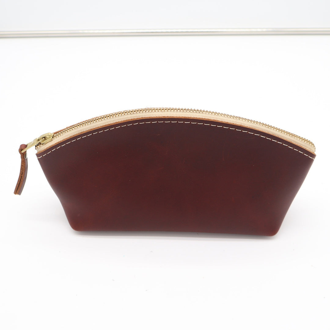 Handmade Brown Leather Dome Cosmetic Bag Pouch Brass Zipper Contrast Stitching
