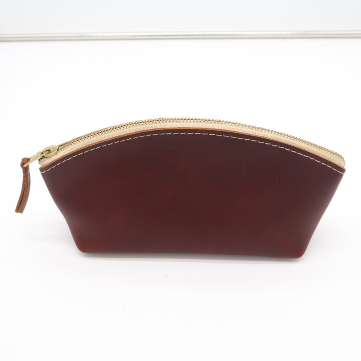 Handmade Brown Leather Dome Cosmetic Bag Pouch Brass Zipper Contrast Stitching