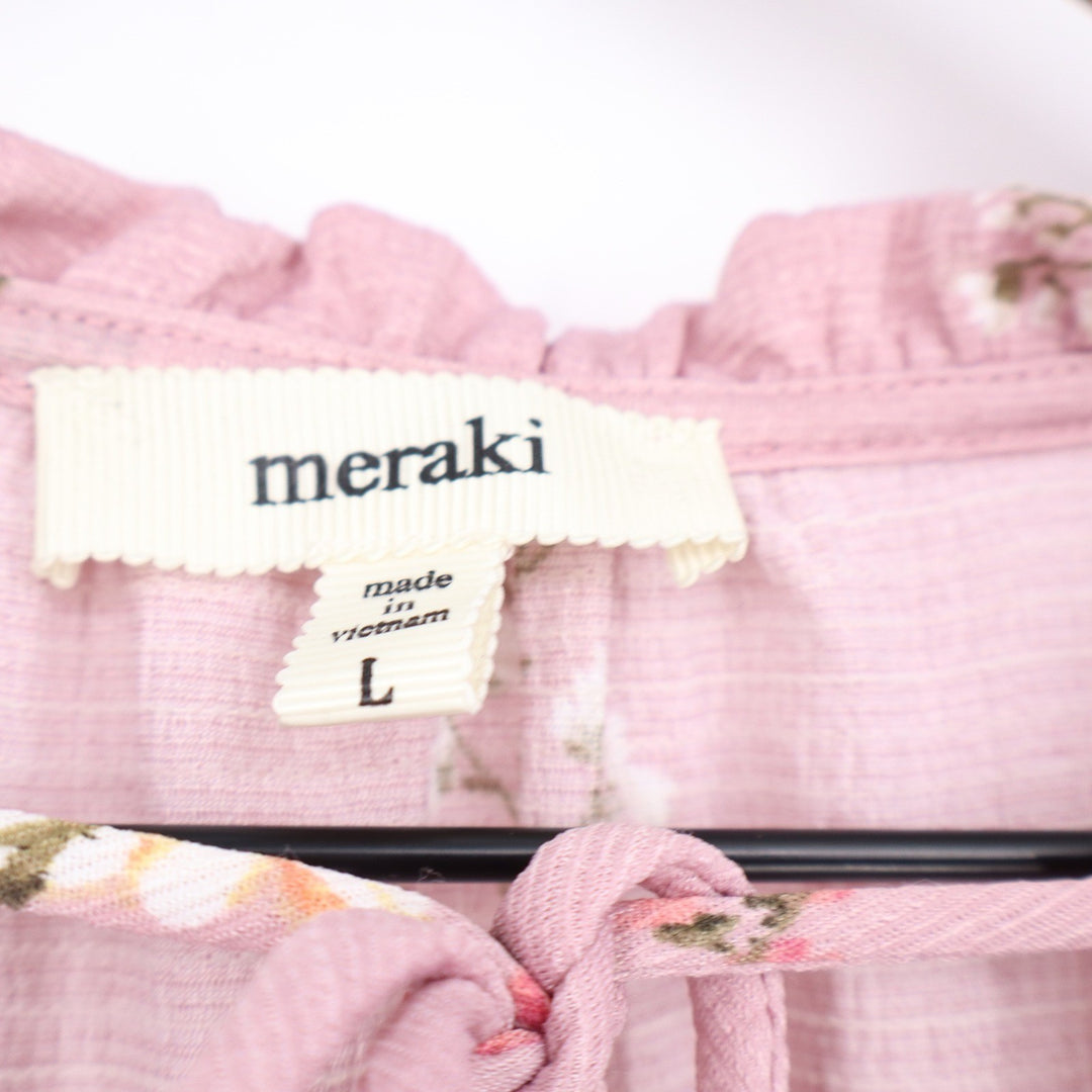 Meraki Pink Floral Smocked Peplum Top V-Neck Tie Flutter Sleeve L