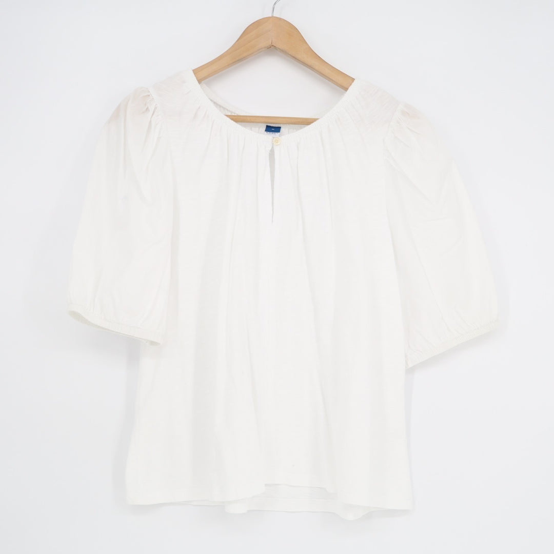 Old Navy Tunic Top Womens Medium White Pleated Short Sleeve Round Neck Pullover