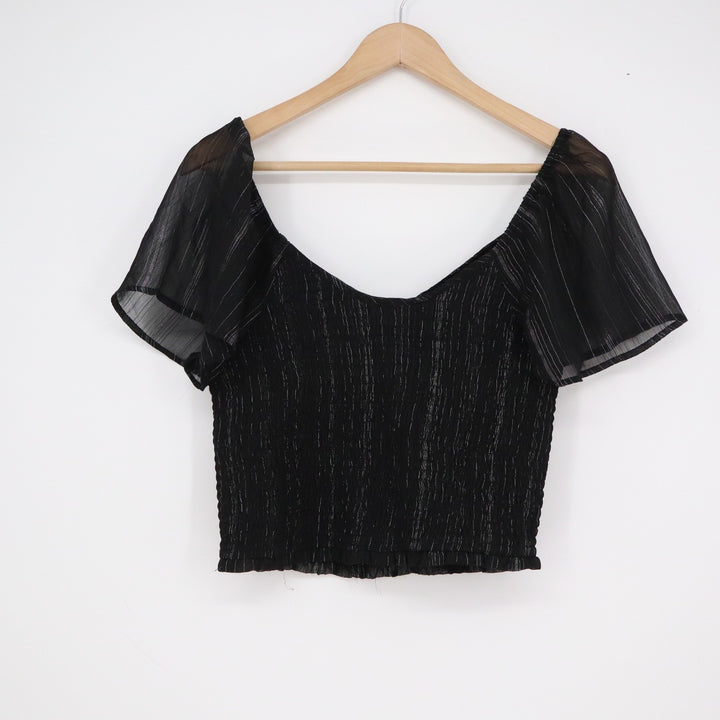 Japna Black Silver Metallic Smocked Crop Top Flutter Sleeve Sweetheart Medium