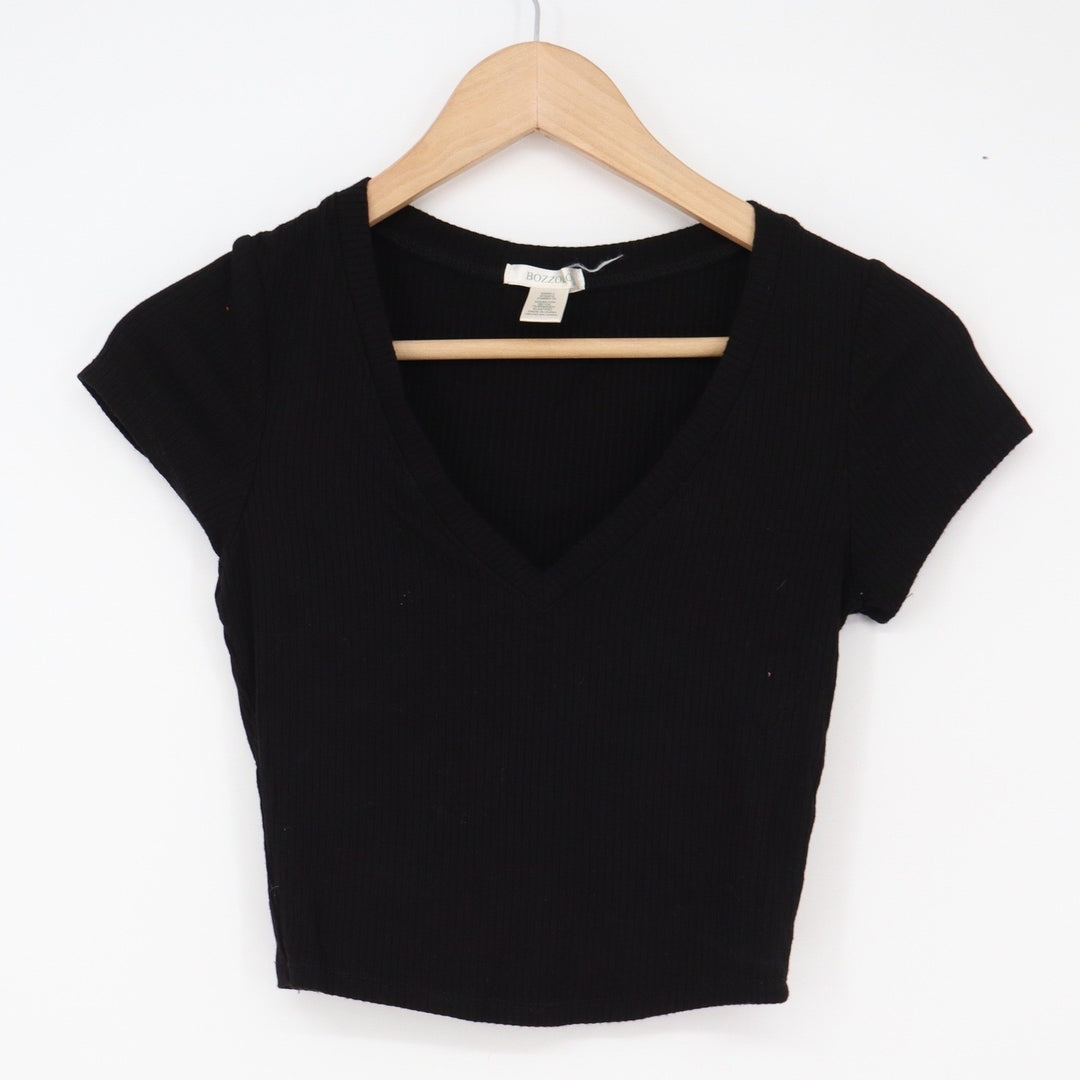Bozzolo Crop Top Womens Small Black Ribbed V-Neck Excellent