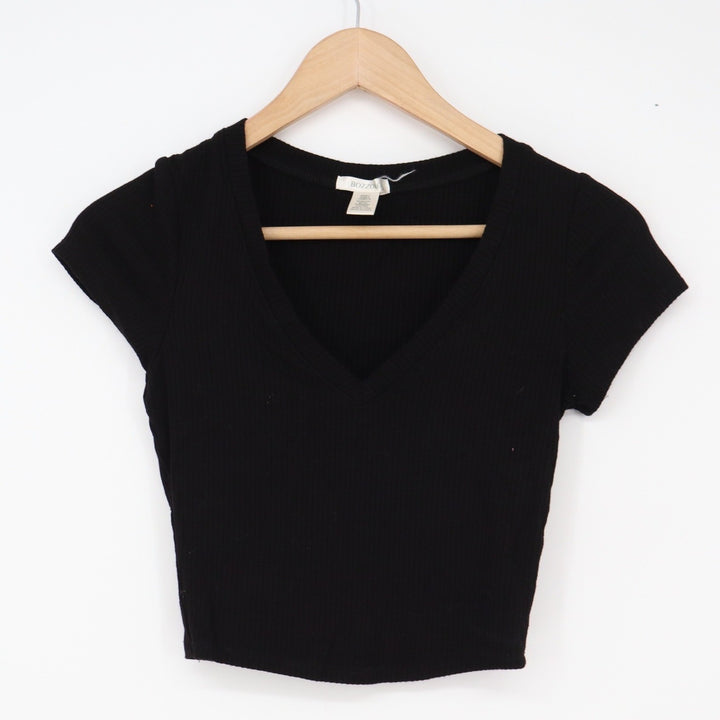 Bozzolo Crop Top Womens Small Black Ribbed V-Neck Excellent