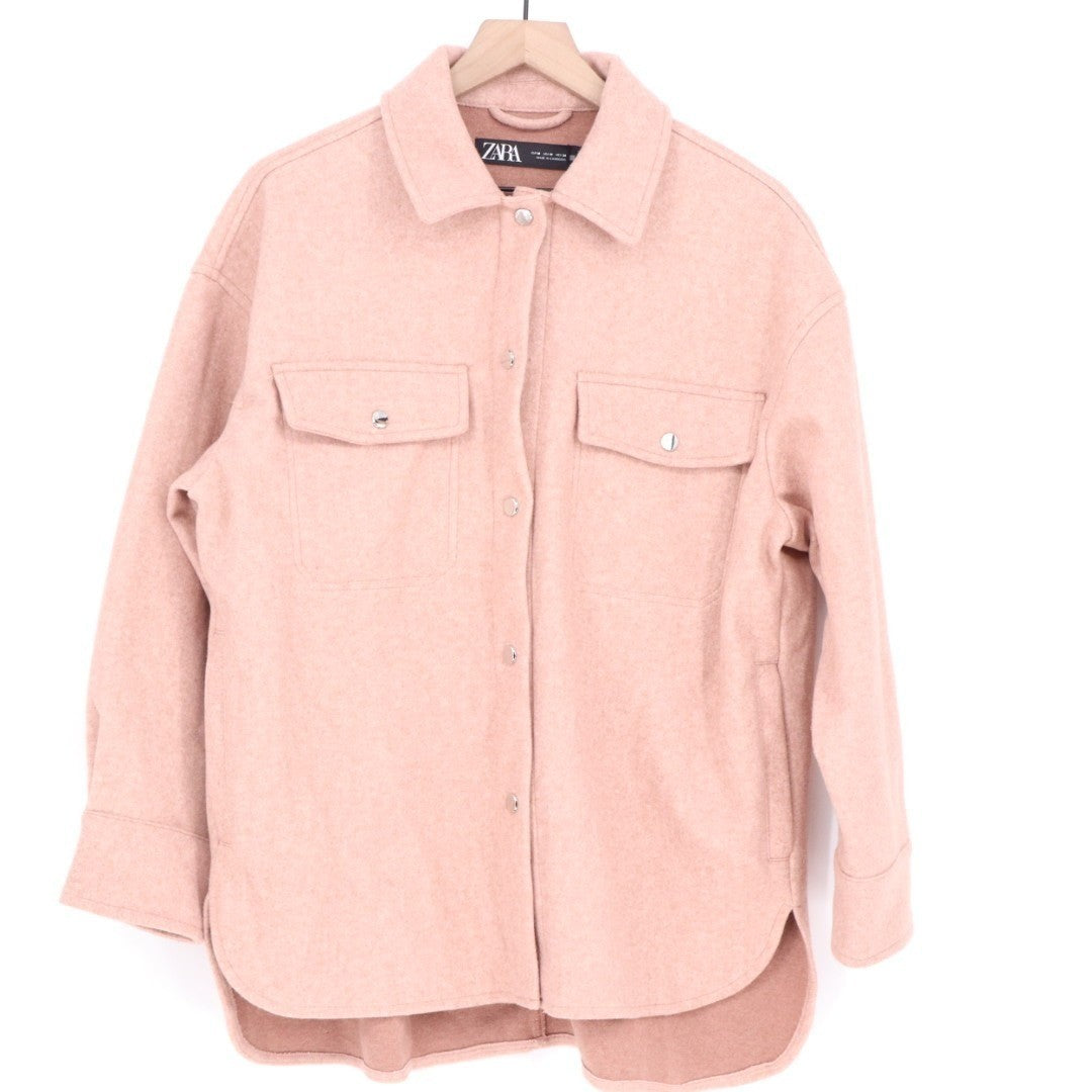 Zara Soft Over Shirt Shacket Womens M Pink Snap Button High Low Spread Collar