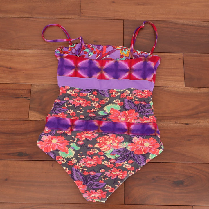 Womens Reversible One Piece Swimsuit Multicolor Floral Tie Dye Removable Straps