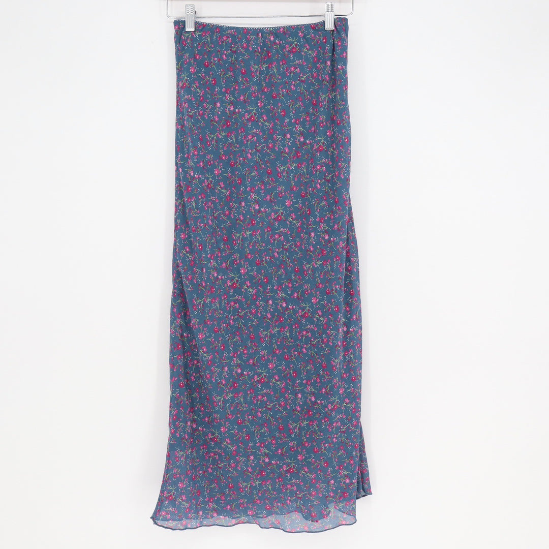 Wild Fable Teal Blue Floral Mesh Maxi Skirt Lettuce Edge Hem Small