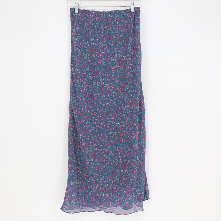 Wild Fable Teal Blue Floral Mesh Maxi Skirt Lettuce Edge Hem Small