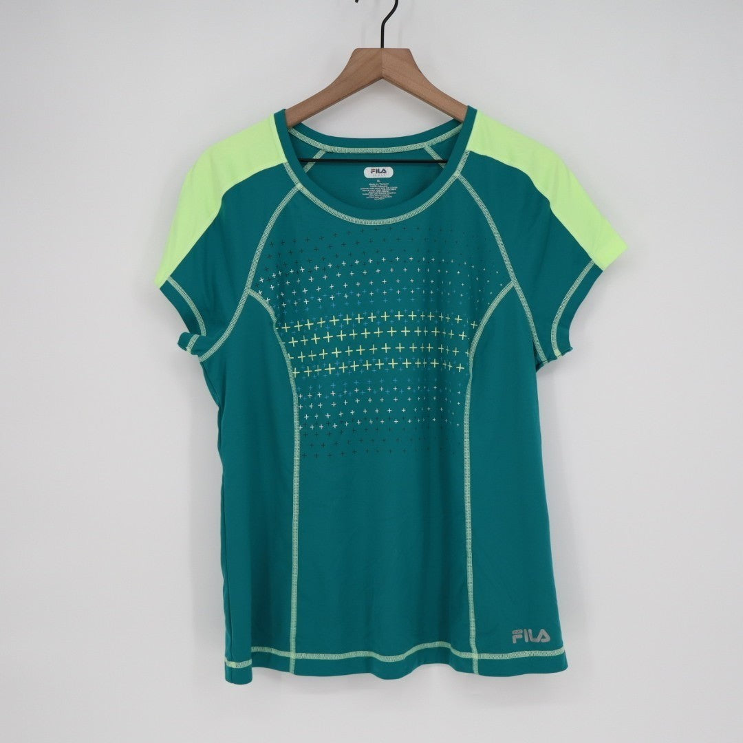 Fila Sport T Shirt Women XL Green Stretch Crew Neck Raglan Short Sleeve Pullover