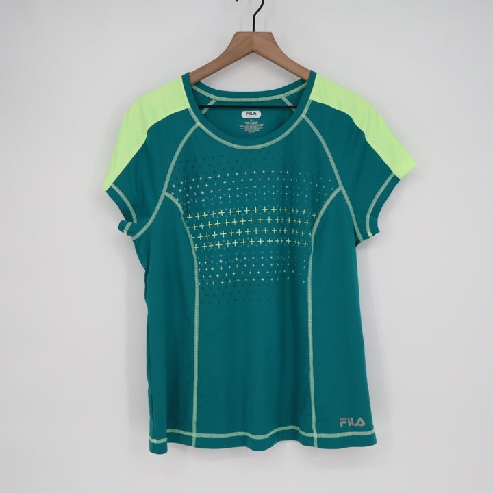 Fila Sport T Shirt Women XL Green Stretch Crew Neck Raglan Short Sleeve Pullover