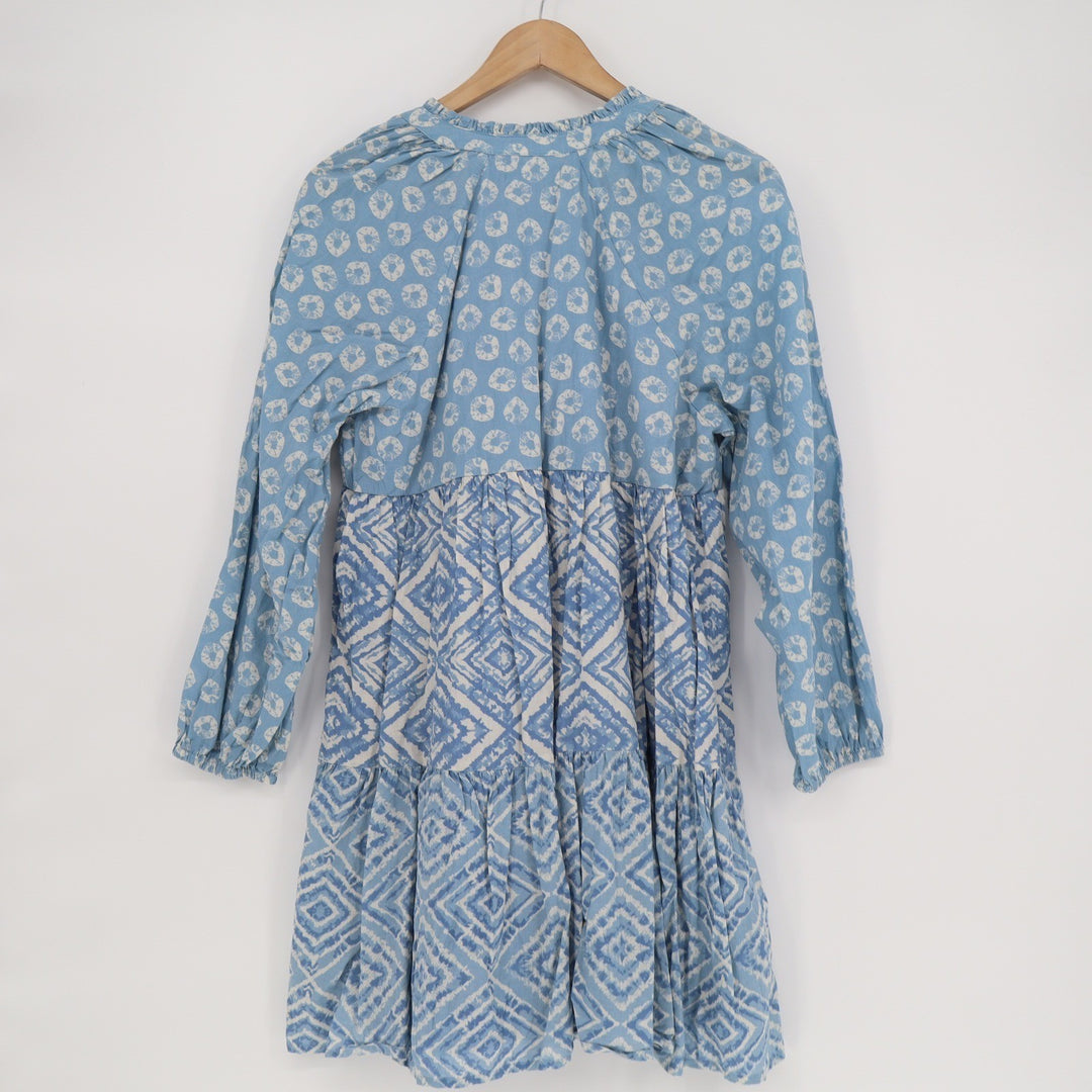 Jessica Simpson Blue Mixed Print Tiered Mini Dress Long Sleeve Cotton Large