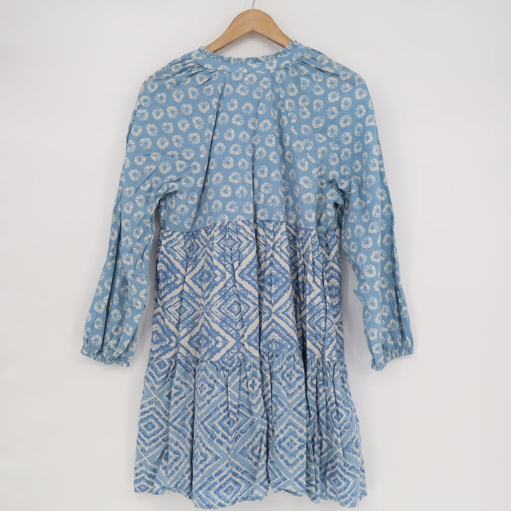 Jessica Simpson Blue Mixed Print Tiered Mini Dress Long Sleeve Cotton Large