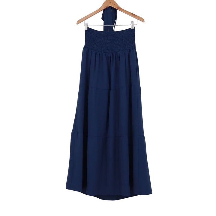 Navy Blue Smocked Halter Maxi Dress Tiered Boho Summer Sun Dress Large