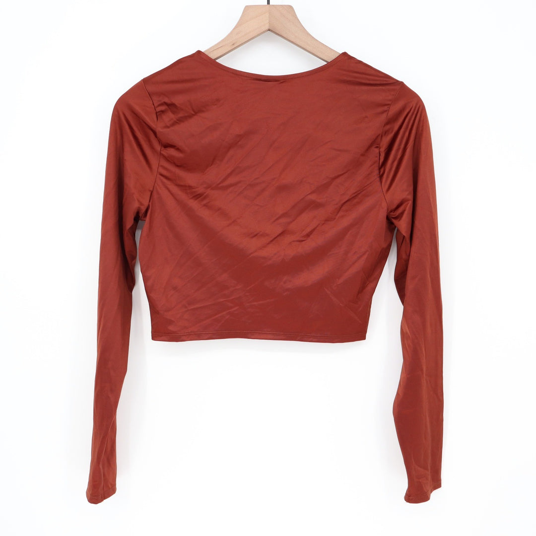 Calia Womens LS Ruched Rashguard Red Brown Shine UPF 50+ Crop Swim Top M NEW